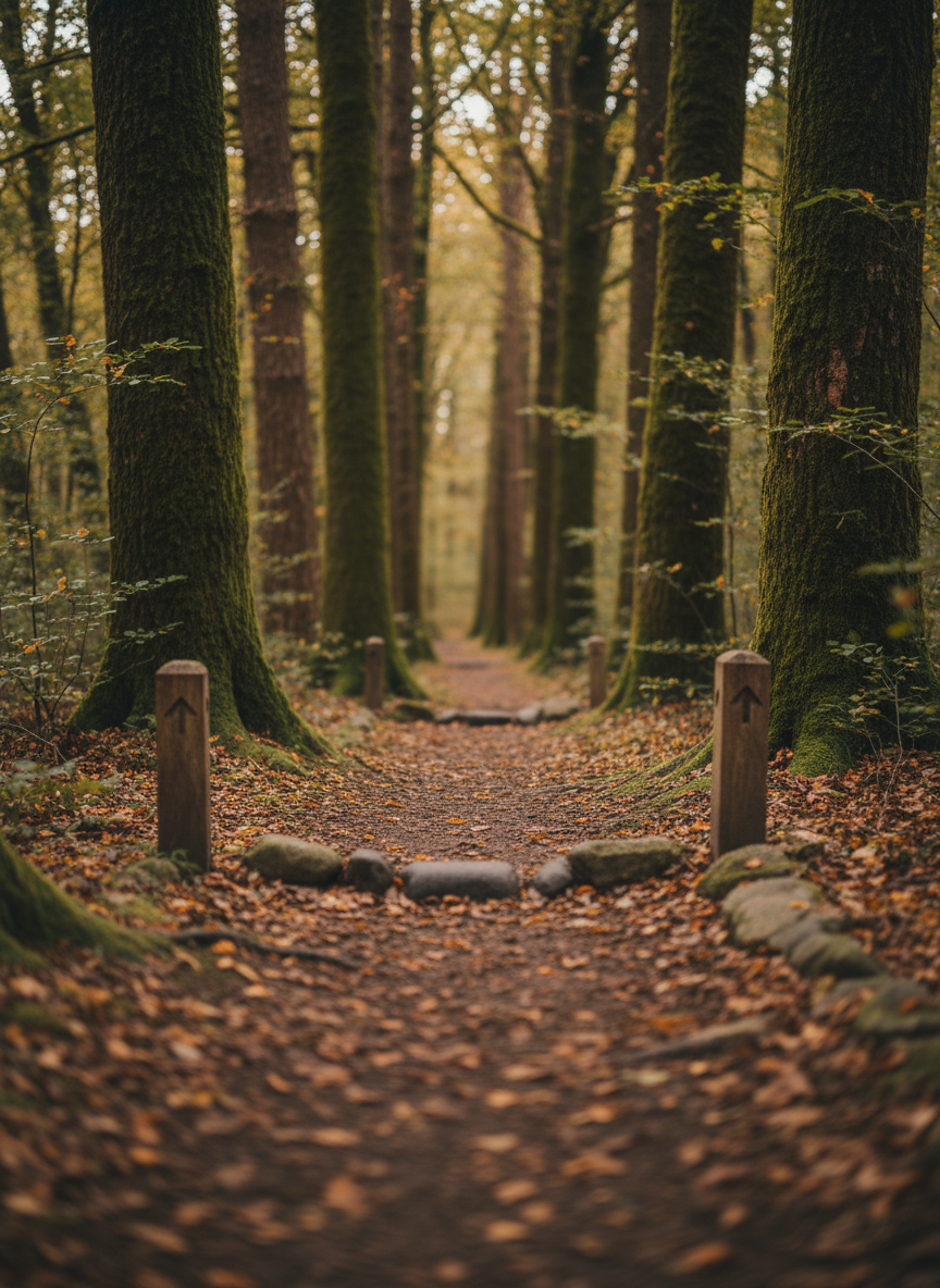 A narrow forest trail of packed soil and scattered leaves winds between tall, moss-lined trees, their trunks textured and rich with deep browns and greens. Along the path, small wooden trail markers and smooth river stones subtly define the way forward. Soft overcast daylight filters evenly through the canopy, eliminating harsh shadows and wrapping the scene in a calm, diffused glow. Photographic realism with a slightly low, forward-facing angle, using shallow depth of field so the path ahead is sharp while distant trees gradually blur. The mood is grounding, contemplative, and gently motivating, suggesting therapeutic progress that moves step by step through nature.