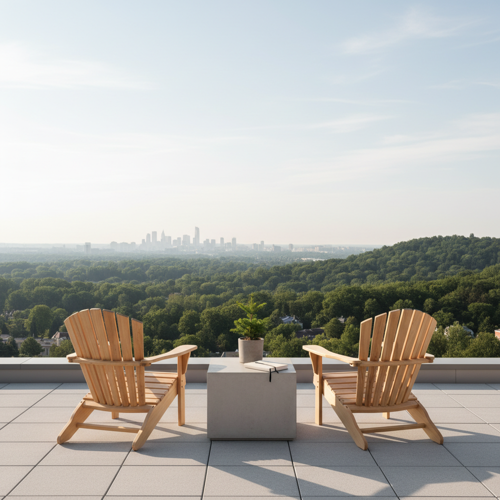 A minimalist outdoor seating area on a rooftop terrace, featuring two simple wooden Adirondack chairs facing a wide skyline of tree-lined hills and distant city silhouettes. Between the chairs sits a low, rectangular concrete side table holding a single small potted evergreen and a closed, cloth-bound notebook. The floor is made of smooth, light gray pavers, clean and uncluttered. Soft late-morning sunlight illuminates the scene, creating crisp yet gentle shadows that emphasize clean lines and subtle textures. Photographic realism, shot from an eye-level perspective with a balanced, symmetrical composition that leaves generous negative space in the sky. The mood is professional, calm, and open, suggesting a structured yet relaxed space for reflection and outdoor therapeutic coaching in motion.