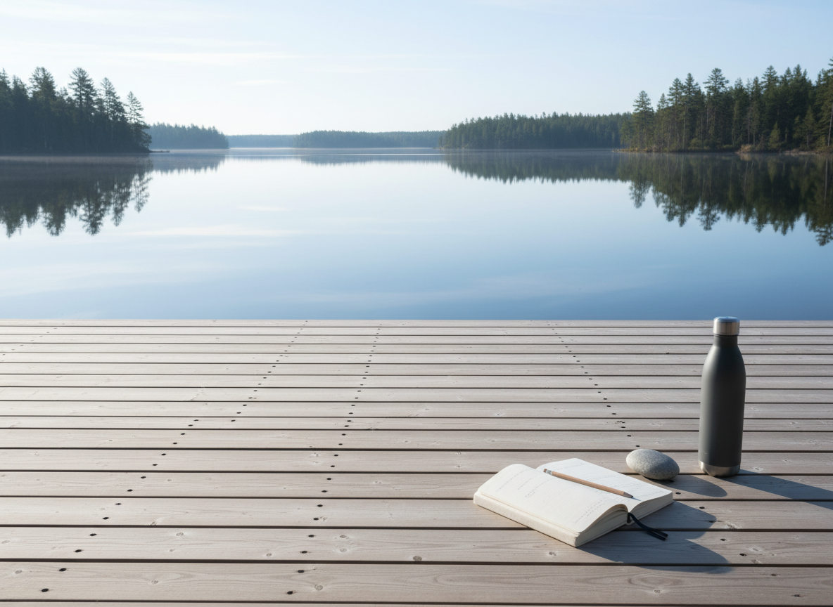 A clean, open wooden deck overlooking a tranquil lake, its surface smooth and glassy, reflecting a pale blue sky and distant pine-covered shoreline. On the deck, a single neatly arranged journal with a textured linen cover rests beside a polished stone and a stainless steel insulated water bottle with a soft matte finish. Early morning light casts long, delicate shadows and creates subtle highlights on the journal’s edges and the bottle’s curves. Captured in photographic realism from a slightly elevated angle, using the rule of thirds so the lake horizon sits high in the frame. The atmosphere is quiet, spacious, and professional, communicating clarity, intention, and healing in a refreshing outdoor setting without any people present.