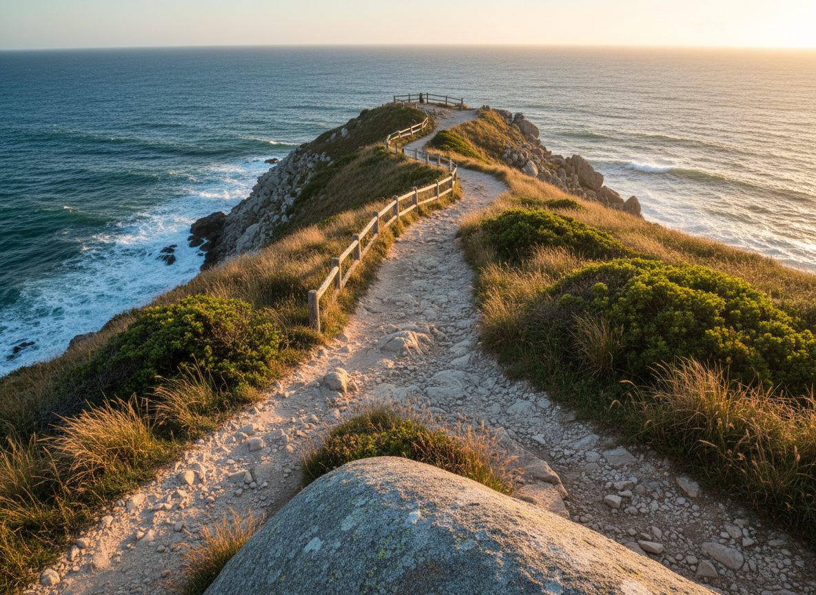 A winding coastal cliff path bordered by low, wind-shaped shrubs and hardy grasses leads toward a distant lookout fence of weathered wood. The ocean below appears in rich, layered blues, with gentle waves breaking against pale stone cliffs. Soft golden-hour sunlight washes across the scene from the side, emphasizing the textures of the rocky ground and vegetation while casting gentle, elongated shadows along the trail. Photographic realism, wide-angle view from behind a large, smooth boulder in the foreground to create depth. The mood is expansive, hopeful, and quietly powerful, suggesting a therapeutic journey unfolding in the open air, with nature as a steady, grounding presence.