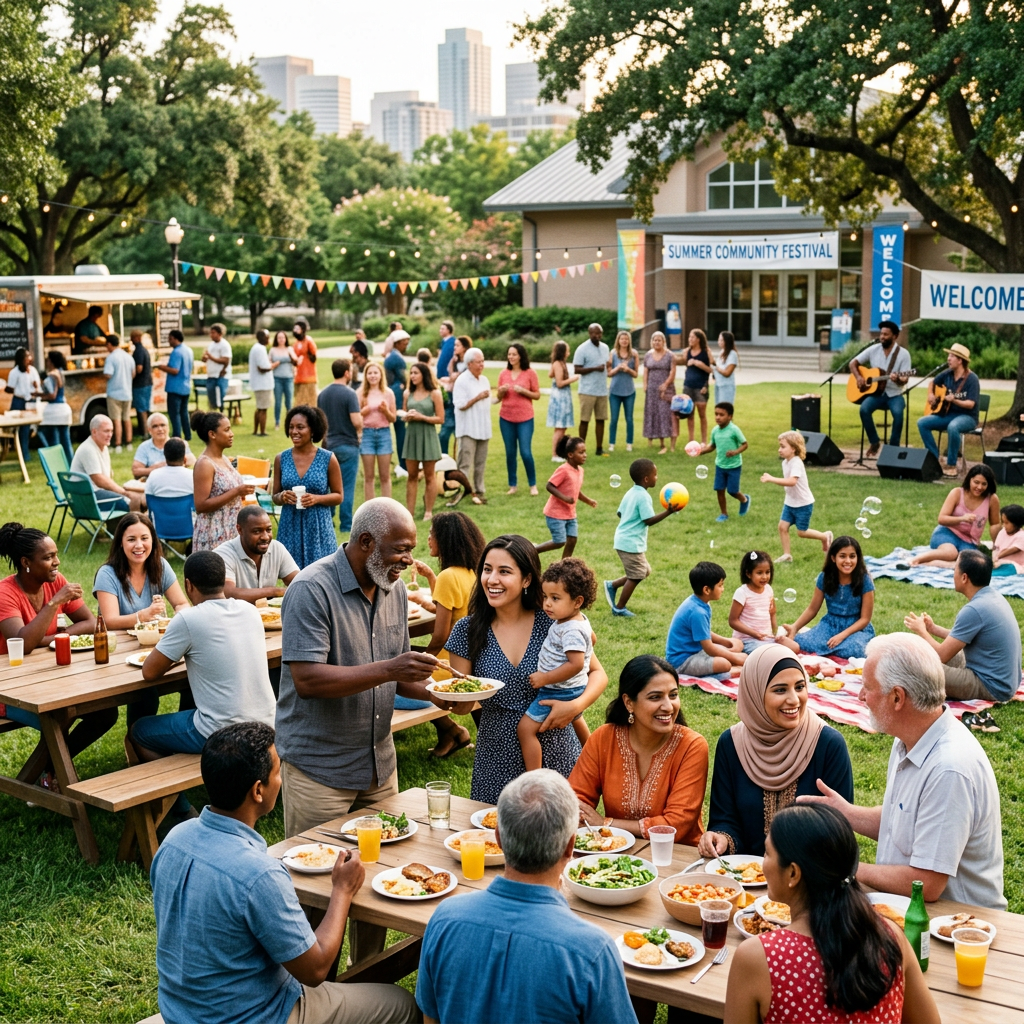 People enjoying a summer community festival with food, music, and activities in a park